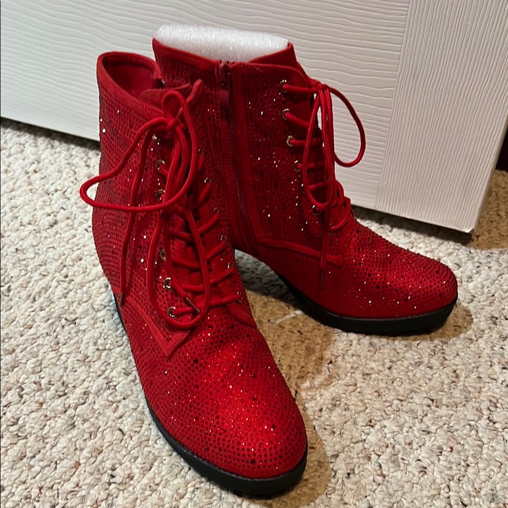 Red Lace Up Boots with Chunky Heel and Sparkly Embellishments